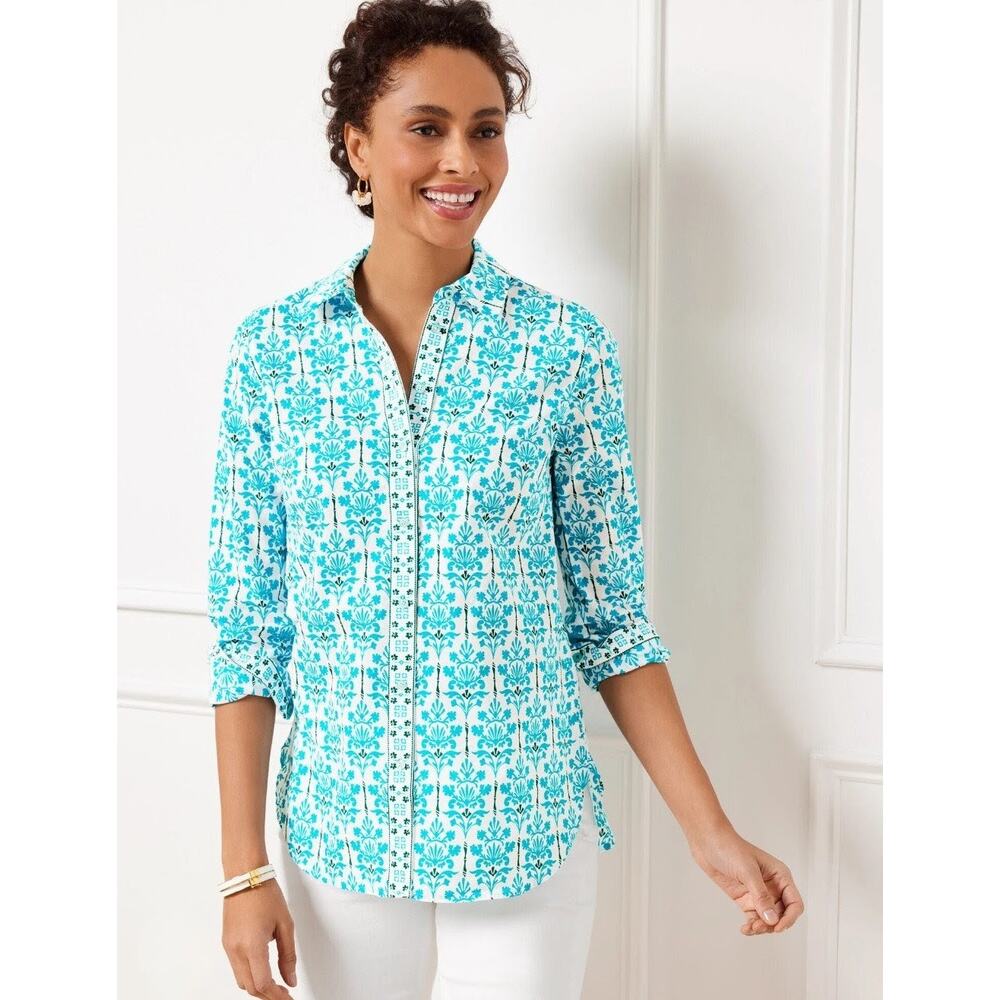 Talbots NWT Modern Damask Bouquet Button Down Shirt Women's Med 100% Cotton